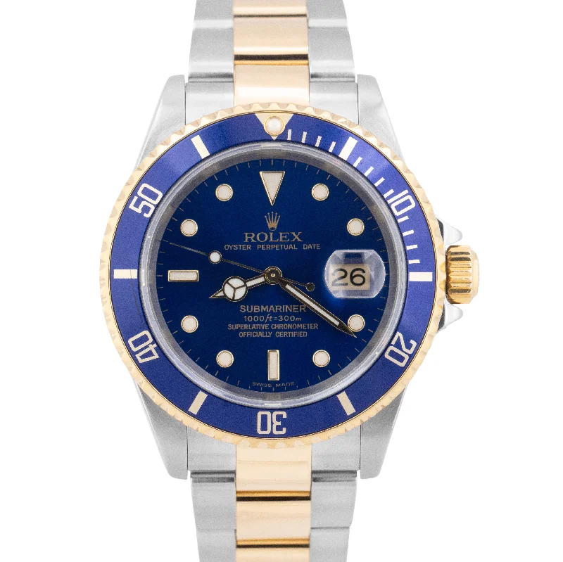 Elegant Watches For Special Events-Personalized Gold Bangles For Wedding Gifts-Rolex Submariner Date 40mm BLUE NO-HOLES SEL Two-Tone 18K Gold Steel Watch 16613