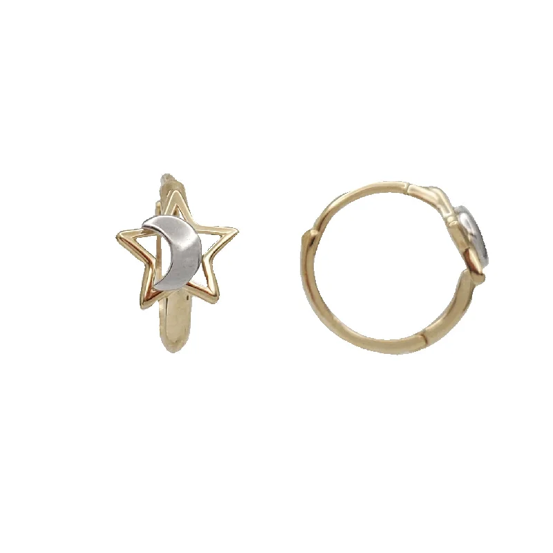 Simple Custom Wedding Bangles For Bridesmaids-Simple Gold Earrings For Minimalist Style-Two-Tone Star With Moon Huggies Earrings (14K)