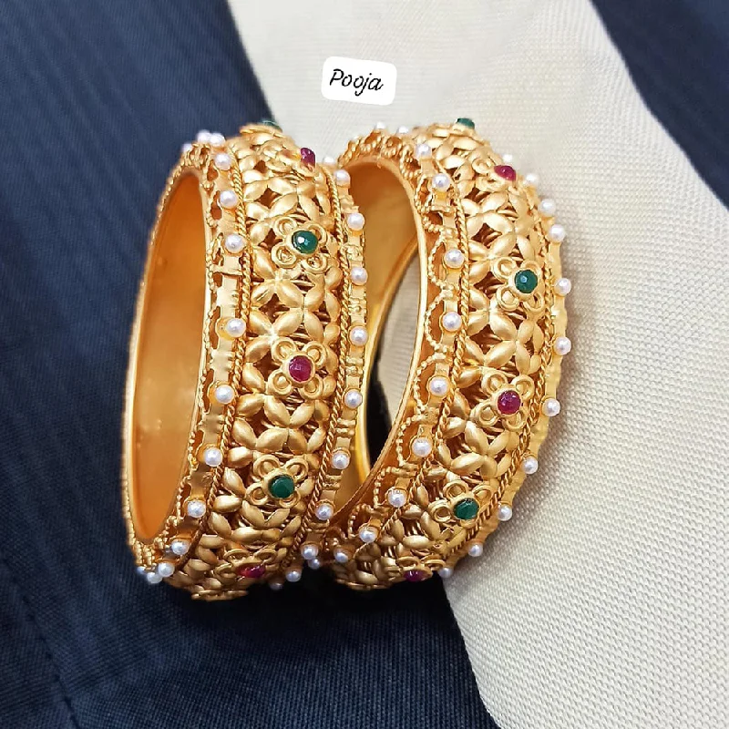 Sparkling Gemstone Bangles For Special Celebrations-Pooja Bangles Gold Plated Pota Stone & Pearl Bangles Set