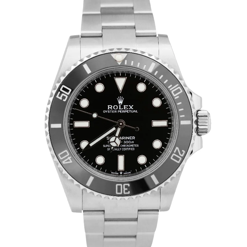 Best Watches For Sports Enthusiasts-Elegant Silver Bangles For Wedding Day-UNWORN PAPERS Rolex Submariner 41mm No-Date Black Steel Ceramic 124060 LN BOX