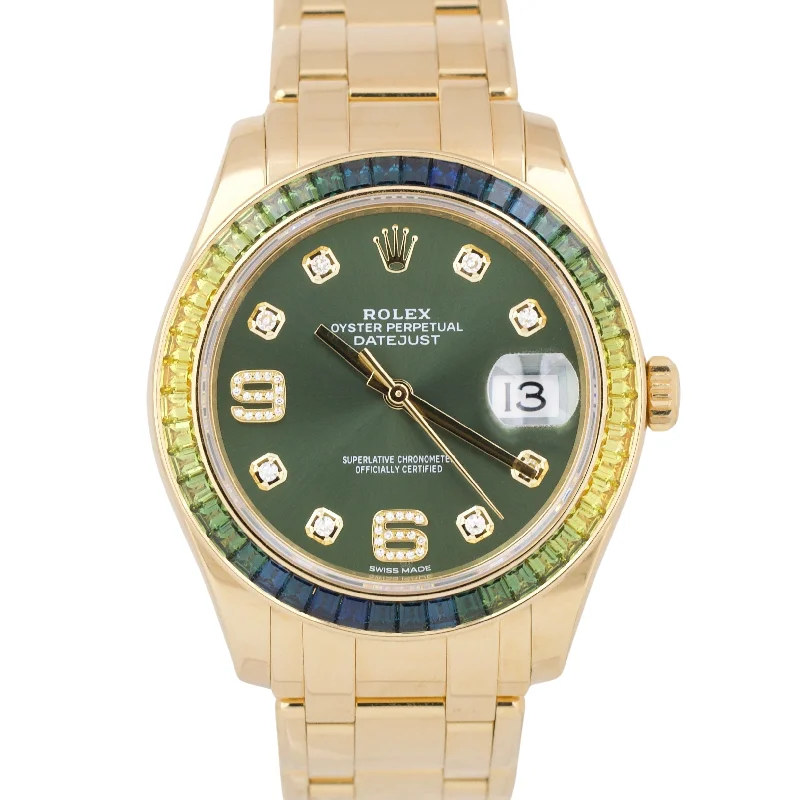 Elegant Watches With Minimalist Design-Trendy Custom Gold Bangles For Fashion-Forward Brides-Rolex DateJust Pearlmaster 39mm OLIVE GREEN Diamond SAPPHIRE BEZEL 86348 BOX