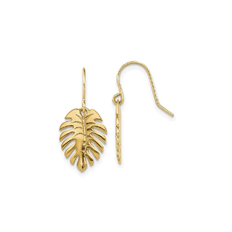 Luxury Gold Bangles For Wedding Day Gifts-Statement Earrings For Party Outfits-Palm Leaf Dangle Earrings (14K)