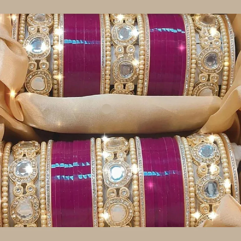 Classic Custom Gold Wedding Bangles For Brides-Pooja Bangles Gold Plated Crystal Stone Acrylic Bangles Set