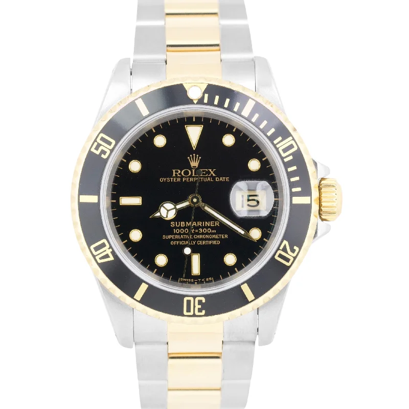 Retro Style Watches For Fashion Lovers-Simple Wedding Bangles For Fashion Bridesmaids-Rolex Submariner Date BLACK 18K Yellow Gold SEL Stainless Steel 40mm Watch 16613