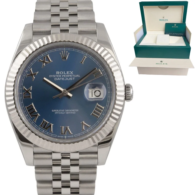 Solar Watches For Hiking And Adventure-Simple Custom Wedding Bangles For Elegant Grooms-2023 Rolex Datejust 41 Azzurro Blue Roman FLUTED Stainless Watch 126334 BOX CARD