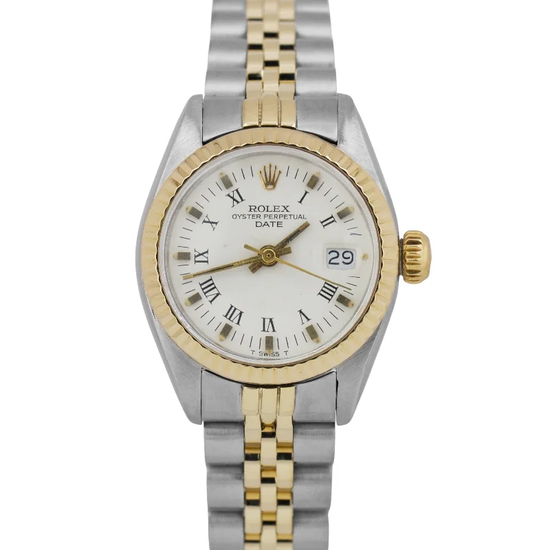 Custom Women’s Watches For Special Gifts-Classic Wedding Bangles For Engagement Gifts-Rolex DateJust 26mm WHITE ROMAN Two-Tone 18K Yellow Gold JUBILEE Fluted 6917