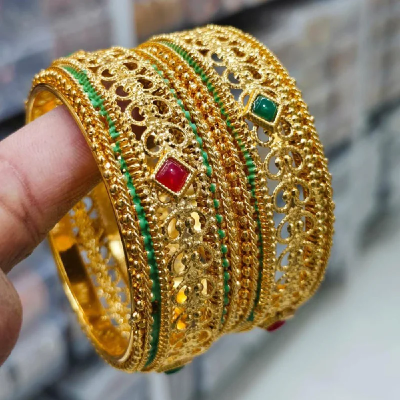 Simple Diamond Bangles For Elegant Brides-Pooja Bangles Gold Plated Pota Stone Bangles Set